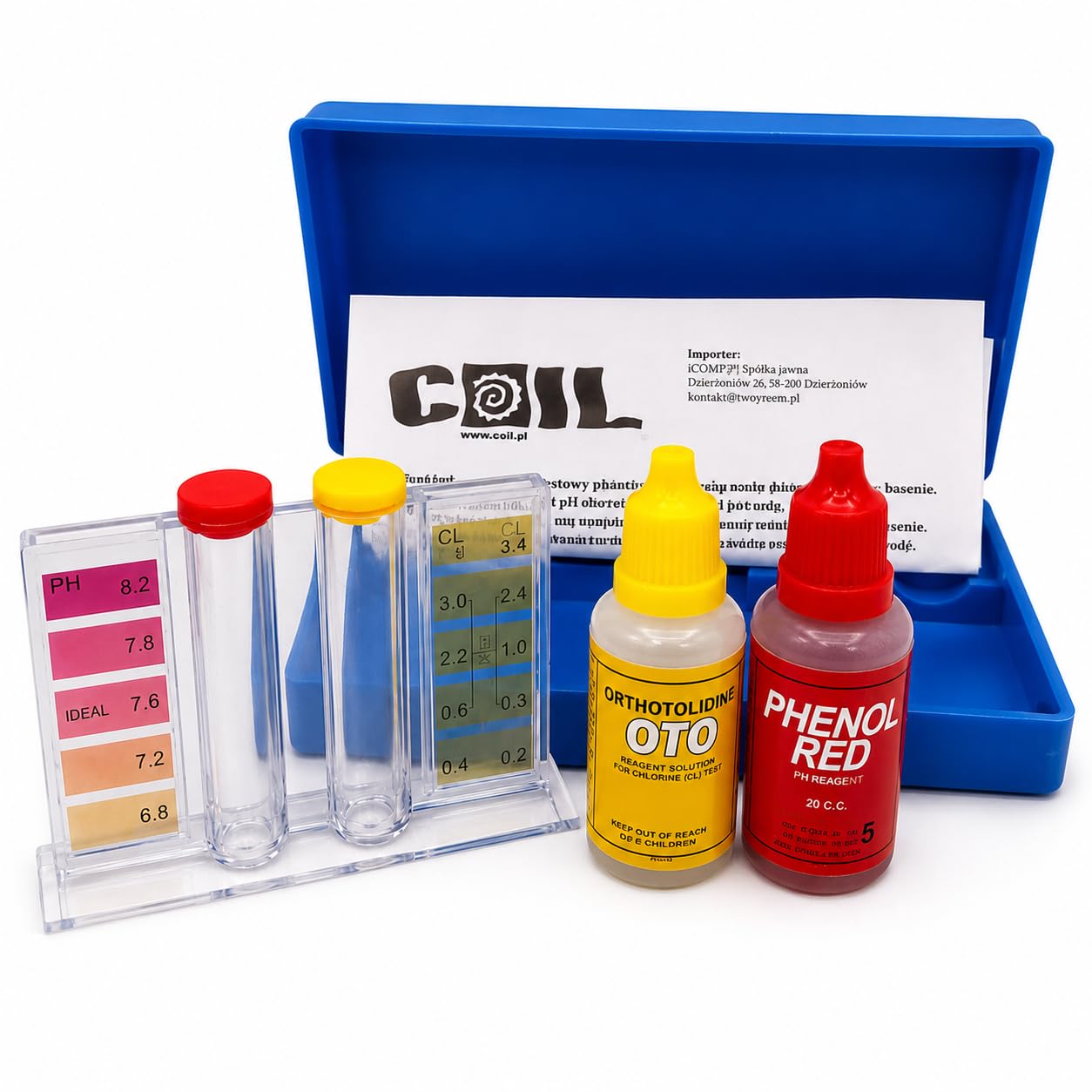 COIL Tester wody do basenu i spa, test kropli pod kątem pH i chloru, OTO i Phenol Red, zestaw z etui 15 x 7,3 cm