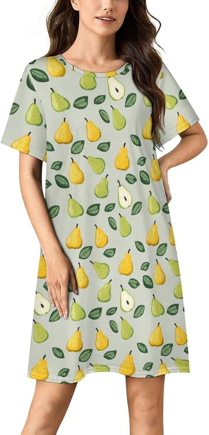 Pear Fruit Pattern Nightgowns for Women Short Sleeve Sleep Dress Casual Sleepshirt Night Gowns Pajamas