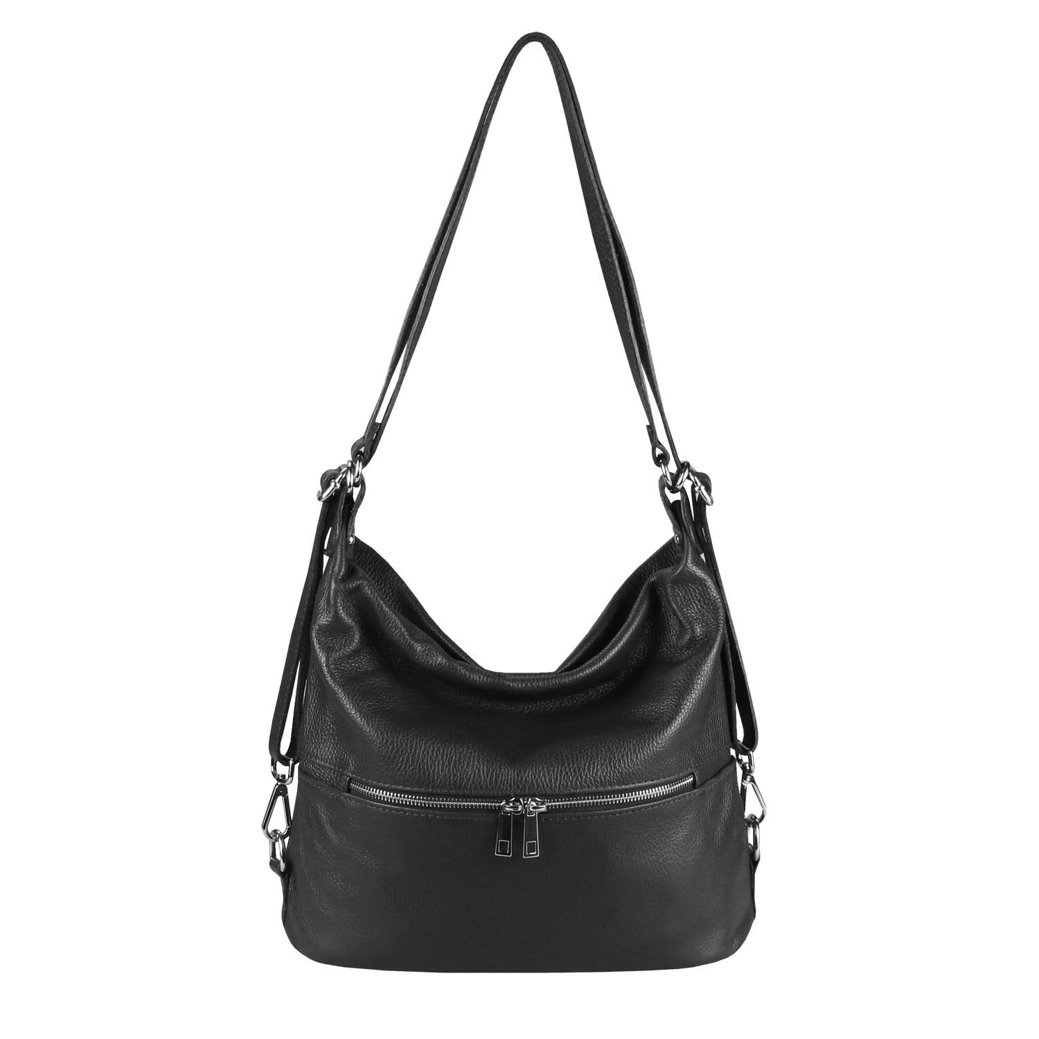 Made in Italy Damen echt Leder 2in1 Handtasche Rucksack Schultertasche CityRucksack Stadtrucksack Backpack Lederrucksack Daypack Ledertasche Schwarz