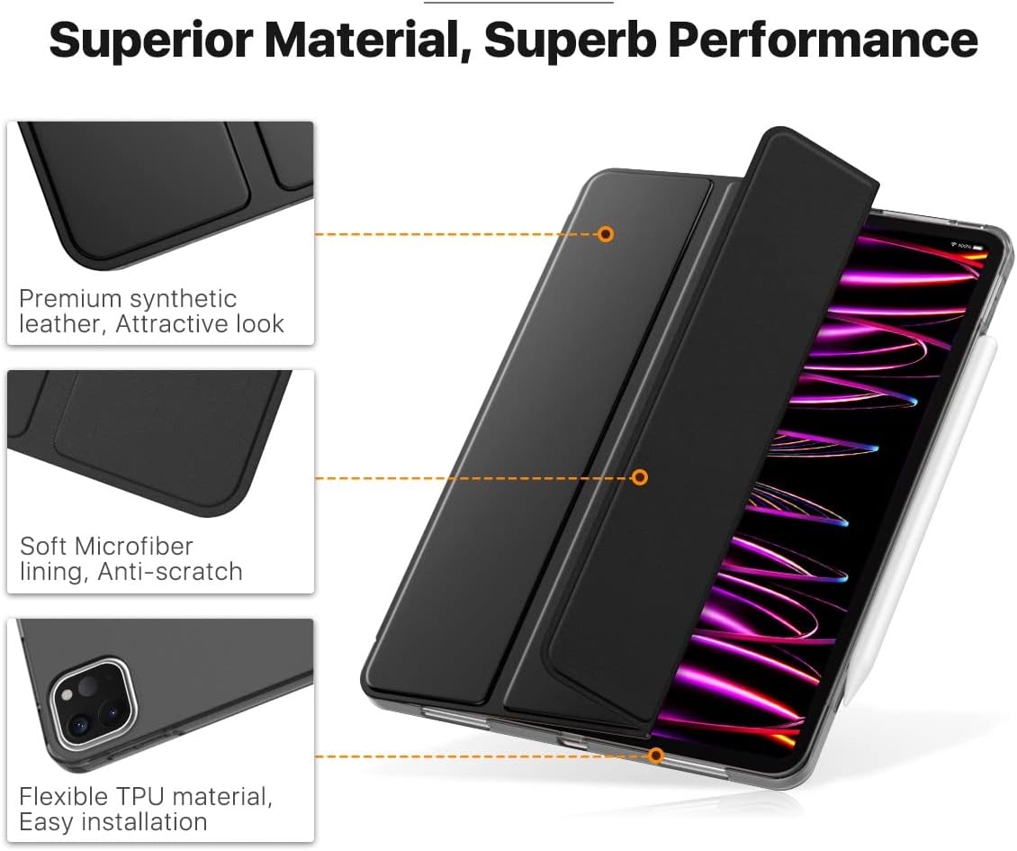 MoKo Case Fit iPad Pro 12.9 4th Generation 2020 & 2018 [Support Apple Pencil 2 Charging] Case with Stand, Soft TPU Translucent Frosted Back Cover Slim Smart Shell, Auto Wake/Sleep - Black