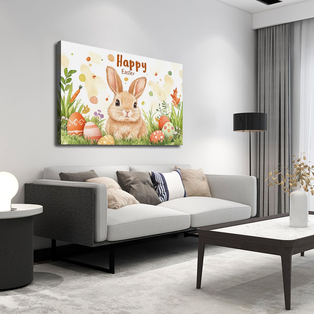 TOANGWALL Obraz ścienny na płótnie królik Szczęśliwa scena wielkanocna w ogrodzie akwarela jajka marchew plakat ścienny wiosna dekoracja sypialni 80 x 120 cm
