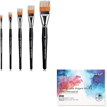 Fuumuui Grainer Brush Set5pcs Professional Flat Comb Brushes Watercolor Paper Block 9x12 Inch, 100% Cotton Paper Pad
