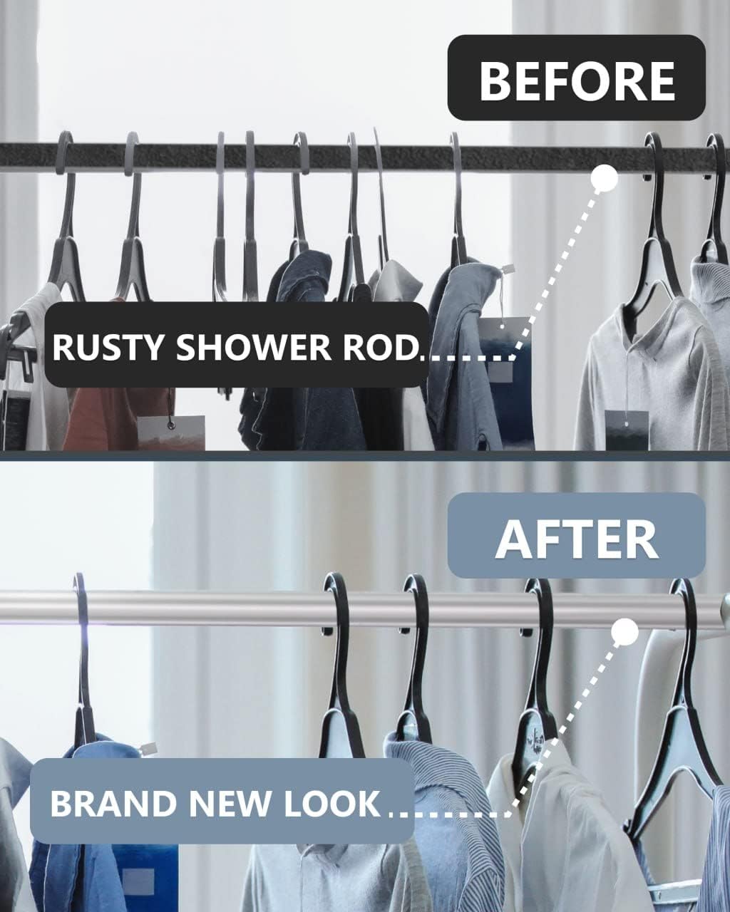 TidyFriend Closet Rod Cover 58 Inch (4 Covers) - Smooth Glide Closet Rod Cover Plastic Sleeve for Hanging Clothes, Anti Rust, Easy Slip On PVC Cover for Wardrobe & Hanging Rack (Silver)