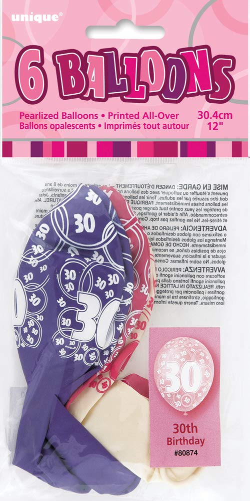 Unique Party 80874 - 12" Latex Glitz Pink 30th Birthday Balloons, Pack of 6 — view 2