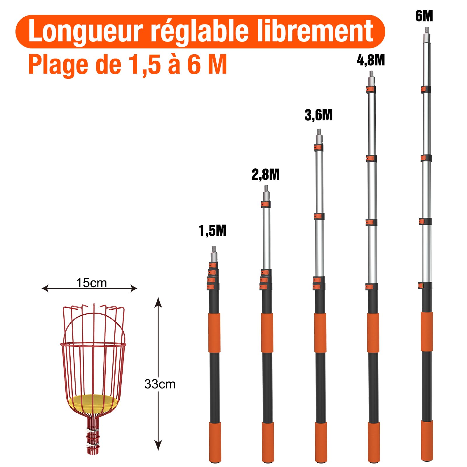 LAANPOLE Cueille Fruit Telescopique 6m avec Grand Panier de Cueillette pour Pommes, Oranges, Citrons