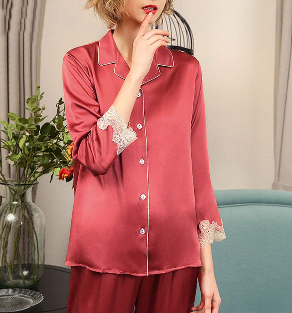 E-girl T8183 - Pigiama da donna in seta, con pizzo, 100% seta, a maniche lunghe Colore: rosso 48