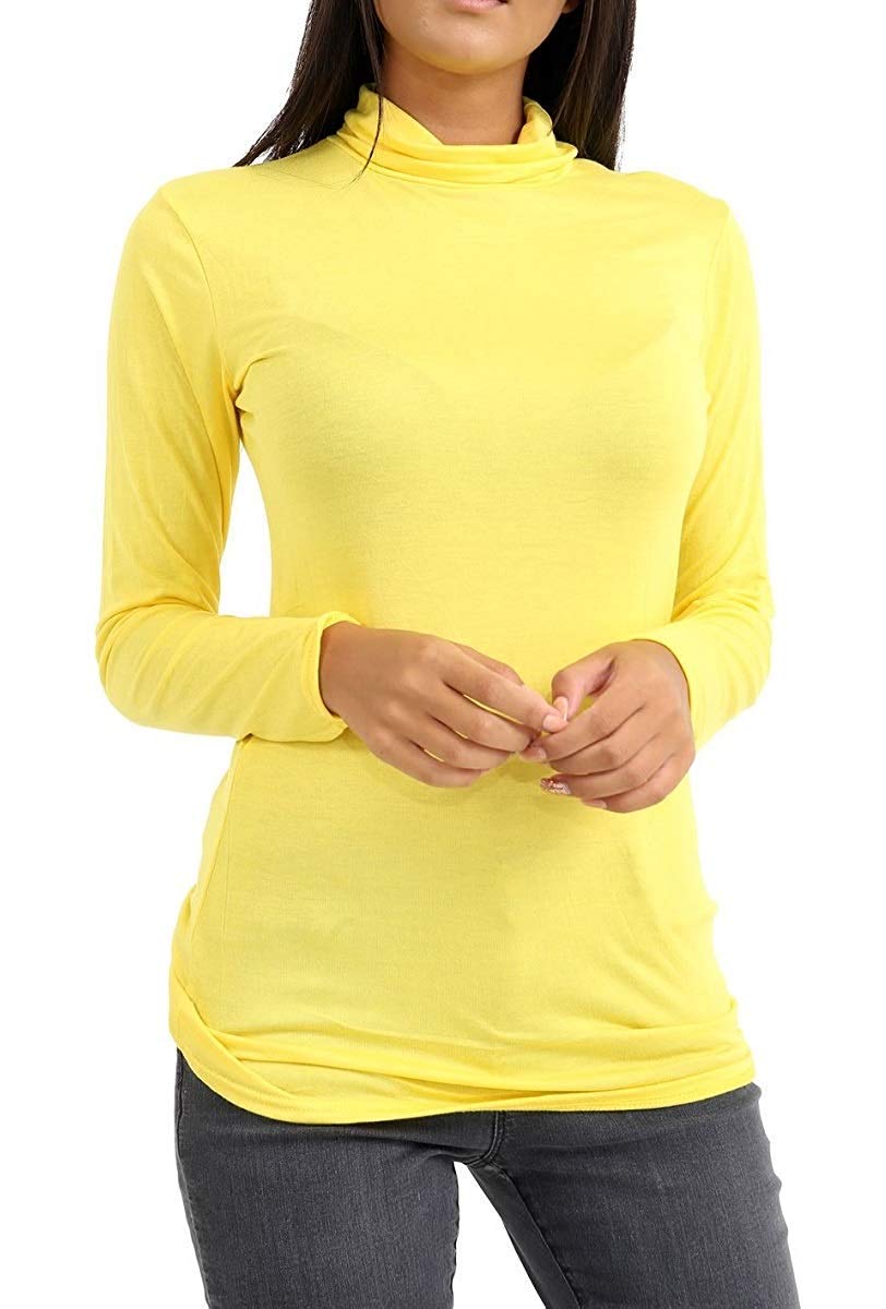 EMRE FASHION® Women's Polo Roll Neck Long Sleeve Turtle Neck Jumper - Ladies Plain Mockneck Casual Top (Yellow, 8-10)