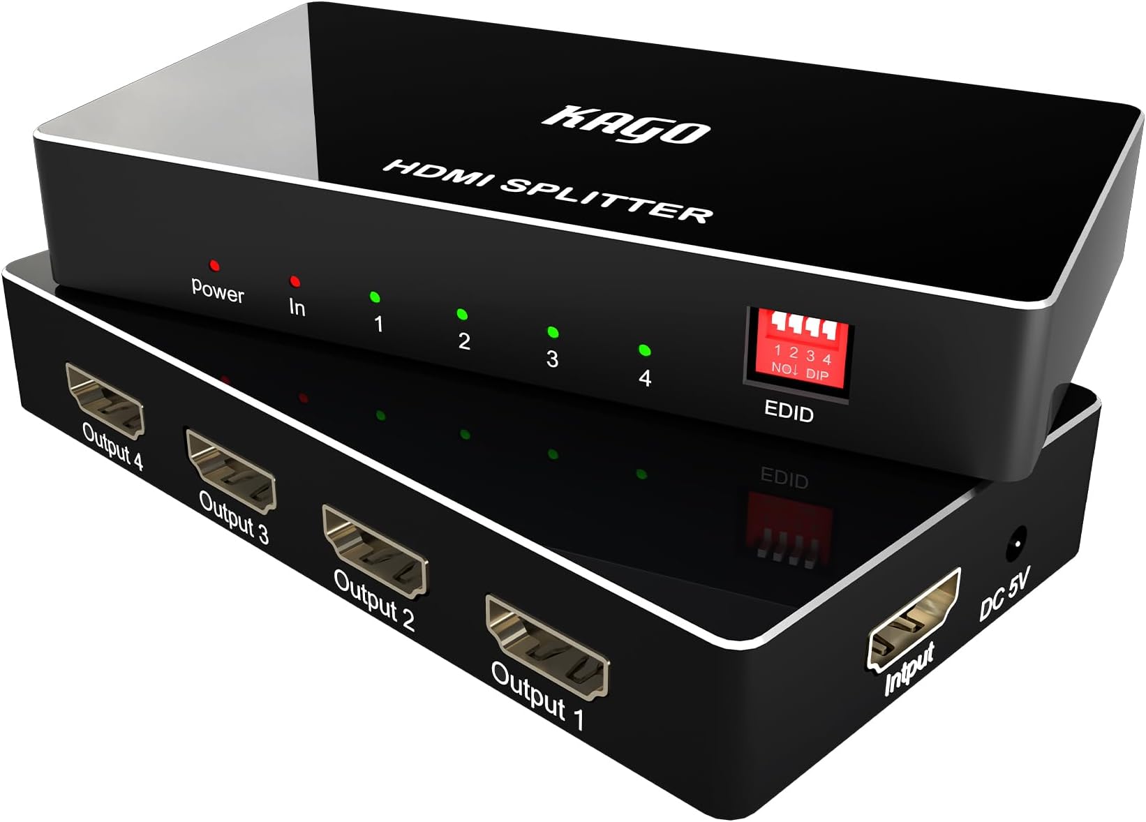 KAGO 4K@60Hz HDMI Splitter 1 in 4 Out, 1x4 HDMI 2.0 Hub with Smart EDID Management, Support HDCP 2.2, 18Gbps, HDR, 1080P@120Hz, Powered HDMI Video Distributor for PS5, Xbox, Roku, Projector