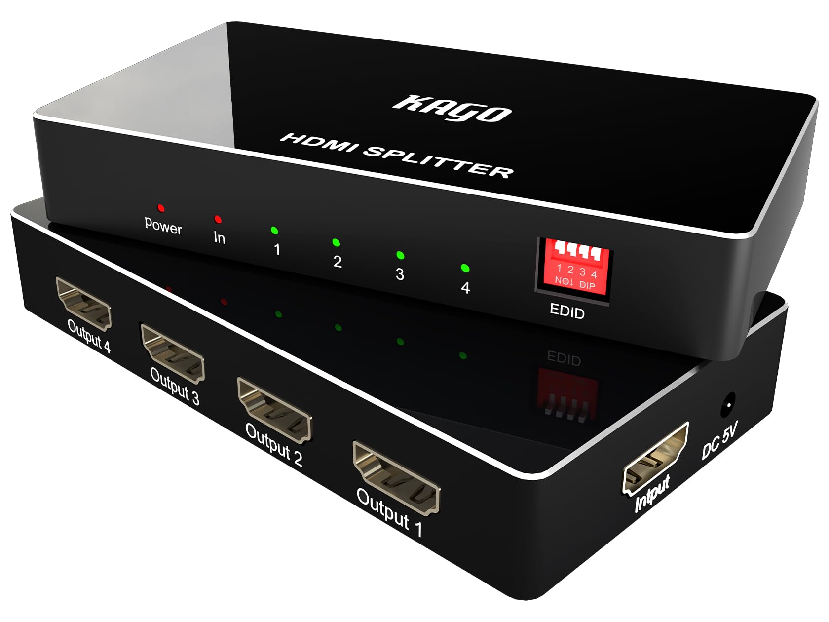 KAGO Splitter HDMI – Splitter HDMI 1 in 4 uscite, 4 uscite di alta qualità, supporto ad alta risoluzione, 4 K a 60 Hz, 2 K a 120 Hz, 36 bit Deep Color Ultra HD, sincronizzazione audio video 3D, plug &