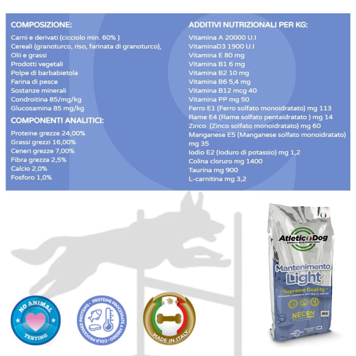 Atleticdog Mantenimento Light Cibo per Cani Secco Crocchette per Periodi Caldi non Affatica l'Organismo Confezione 15kg