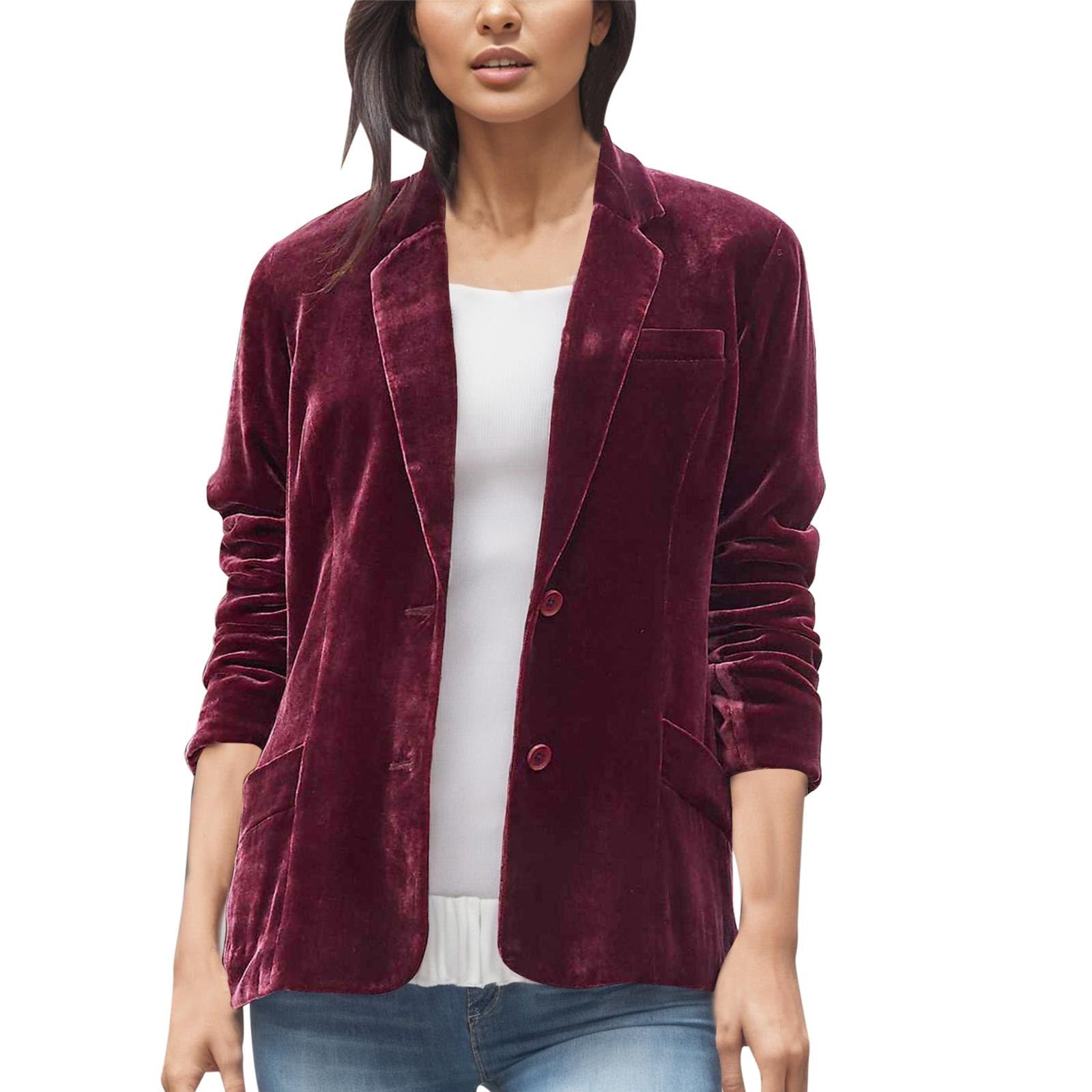 Genérico Blazer Mujer Terciopelo Color Liso, Americana Corta Casual con Solapa, Chaqueta de Traje Elegante para Primavera, Otoño, Oficina y Ocio