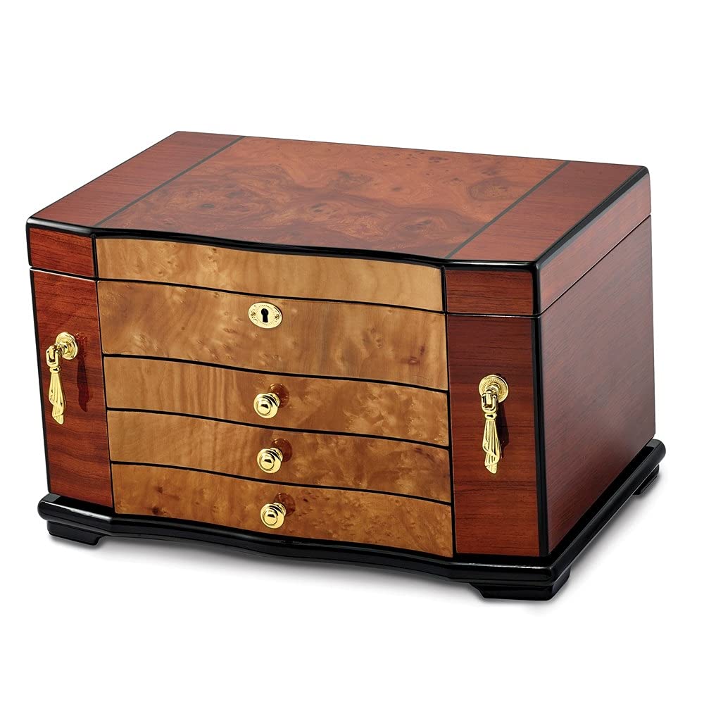 Diamond2Deal Bubinga Elm Burl Inlay Swing-Out Sides Jewelry Box 3 Drawer for Women