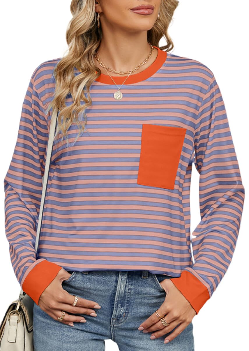 RUISHH Mujeres Camiseta de Manga Larga a Rayas Cuello Redondo Casual Tops Suéter Elegante Color Block Tshirts