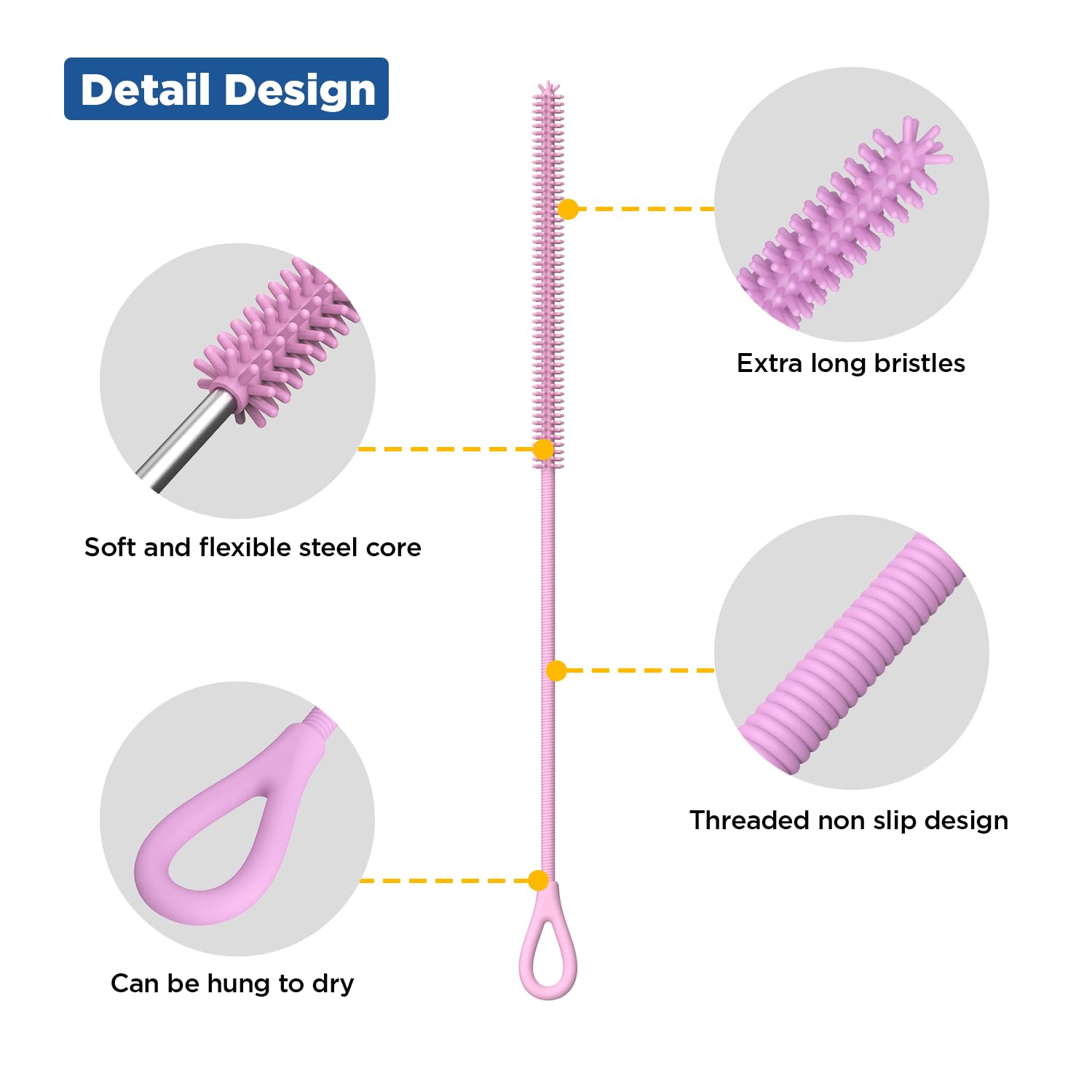 YOTIME Silicone Straw Cleaner Brush, 2Pcs Reusable Straw Brush Extra Long for Cleaning Glass Metal Smoothie Straws and Straw Cups, Non-slip Handle Soft and Bendable, 6mm+9mm, Pink