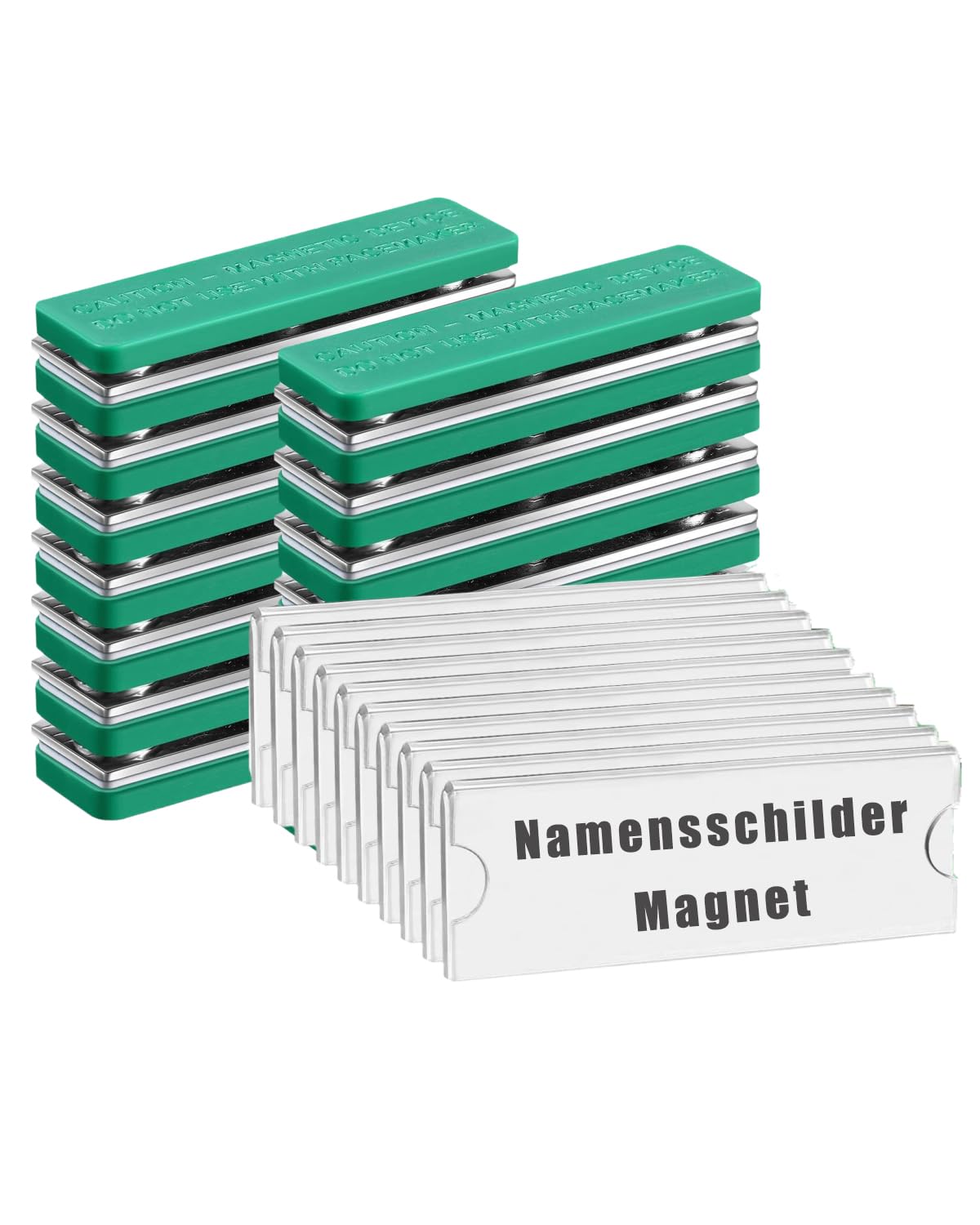 Pack of 10 Magnetic Name Badges, Transparent, 75 x 32 mm, Name Tags for Clothing (Green)