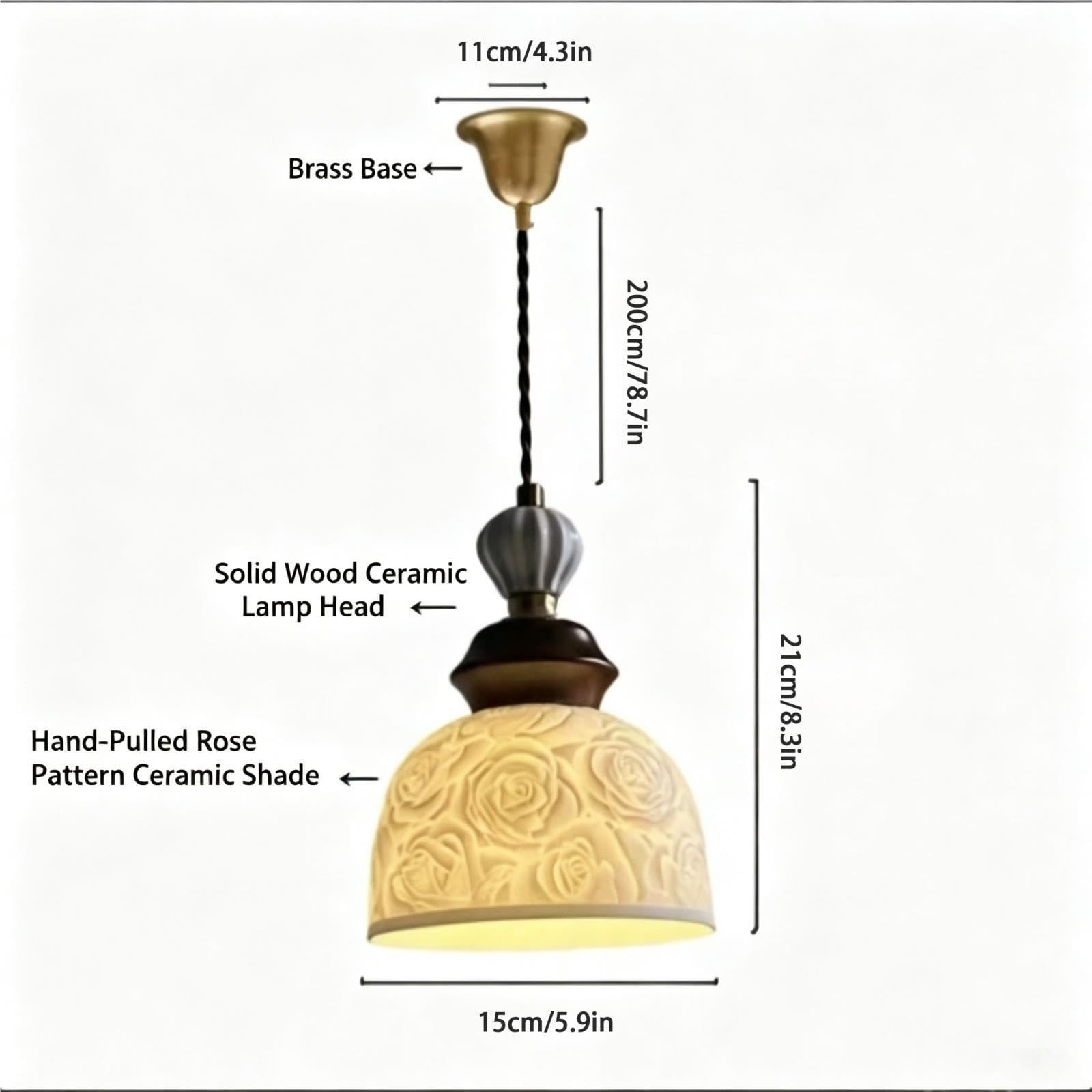 Lampada sospensione vintage, ceramica rosa goffrata, legno e ottone