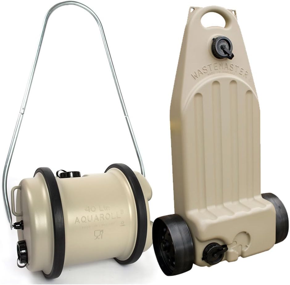 Aquaroll and Wastemaster Beige Bundle - 38L Camping Water Carrier and Waste Disposal Unit - Portable, Durable, Eco-Friendly Caravan Accessories