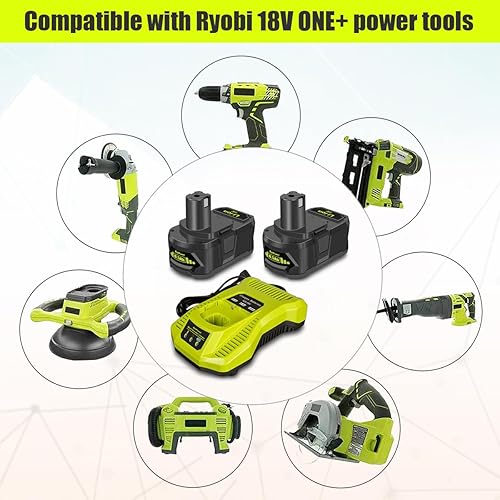 Miniatura 2 de BatPower Paquete de 2 baterías de litio de 6.5AH 18V con cargador para Ryobi 18 voltios batería y cargador kit P117 P193 PBP007 PBP005 PBP004 P108
