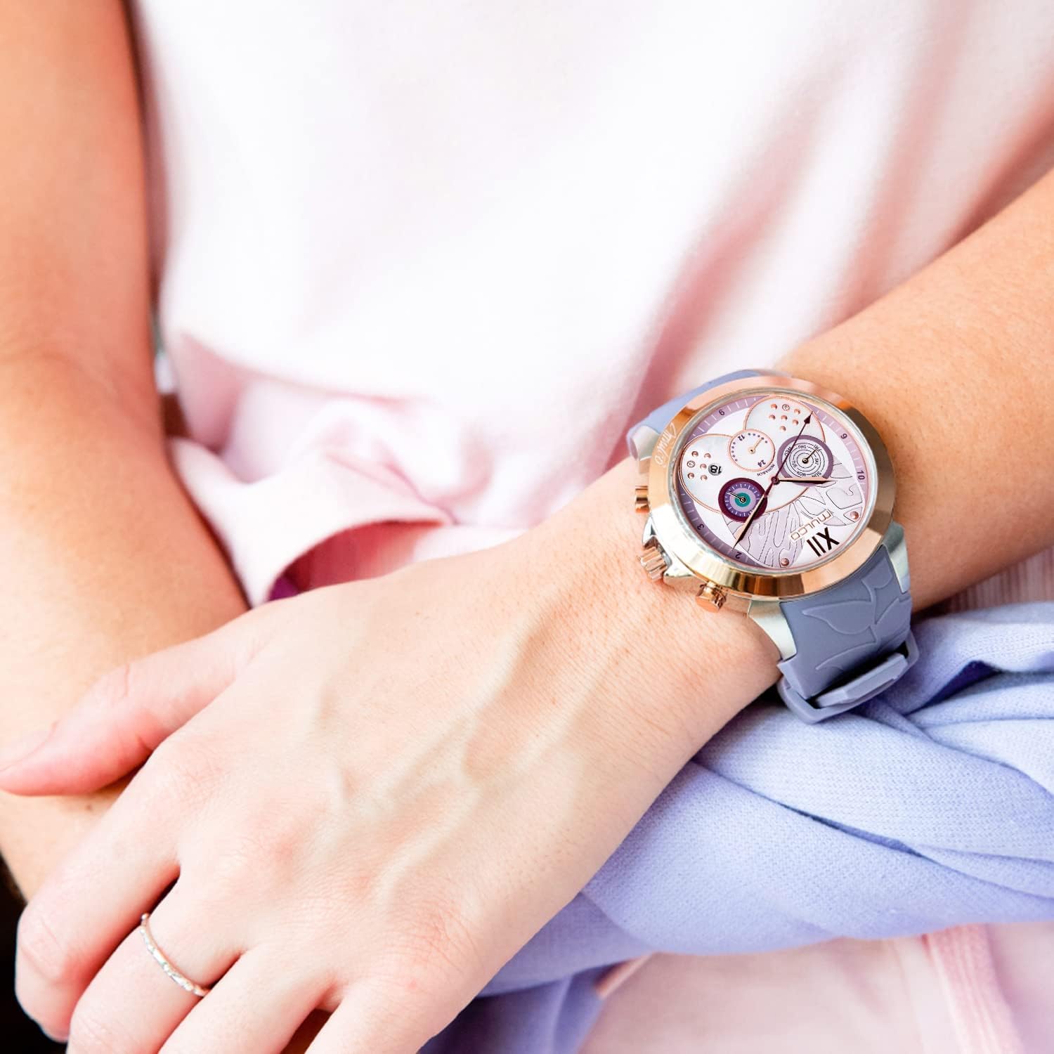 MULCO Watches for Women, Lush, Stainless Steel Case with Wrist Silicone Band, Quartz Multifunctional Movement, Large Face Analog Display with Mother of Pearl and Rose Gold Diamonds-100m Waterproof