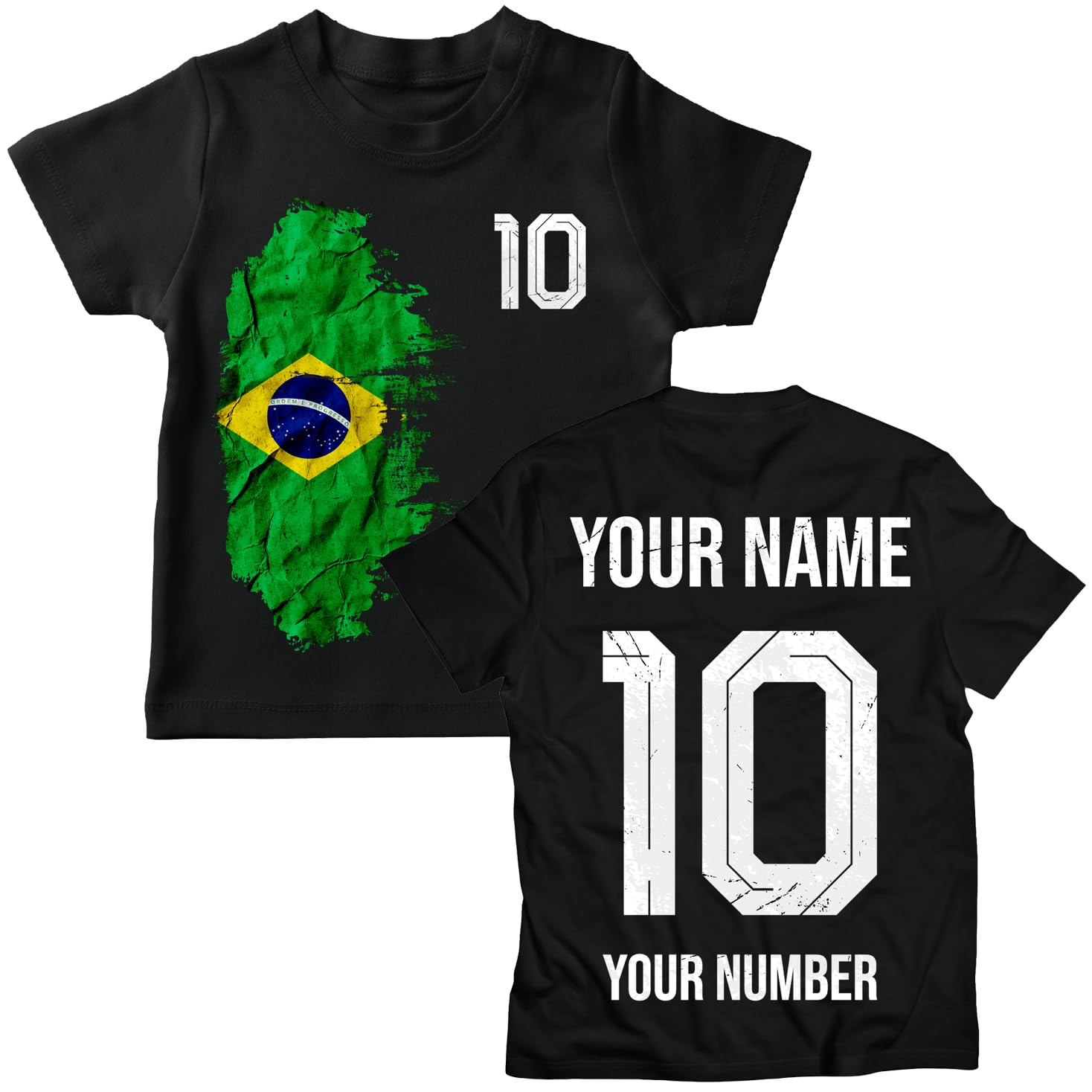 lepni.me Brazil 2026 Personalised Kids' Football Fan Graphic Cotton T-Shirt, Custom Name and Number, Short Sleeve Supporters Top (7-8 Years Black Multi Color)