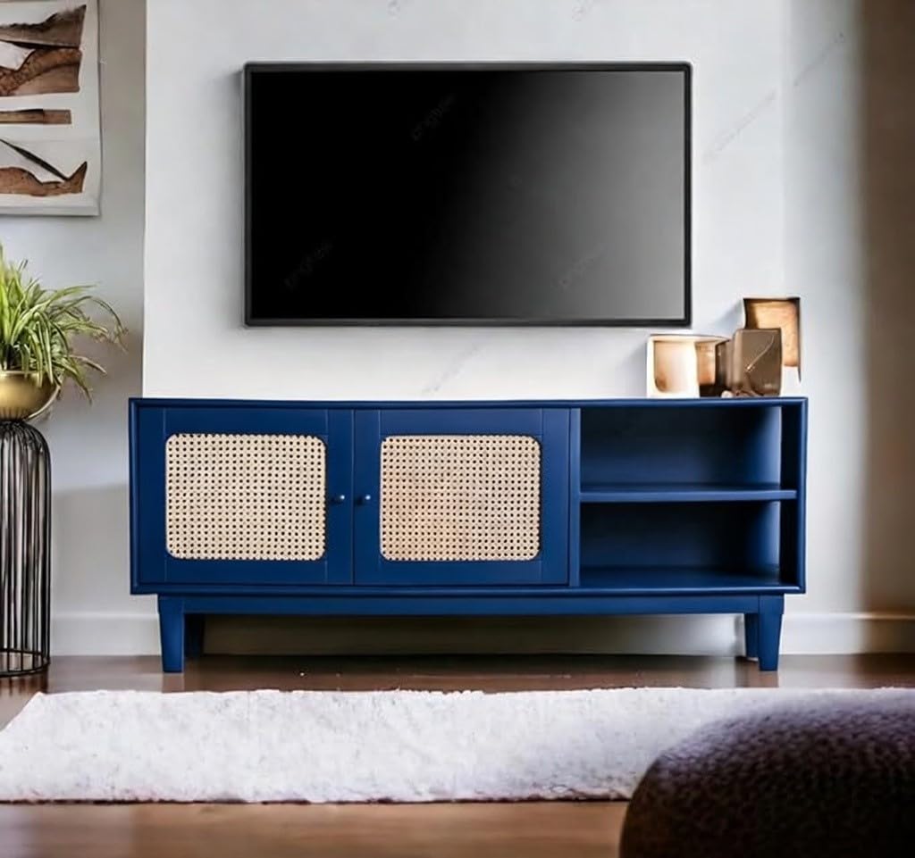 Solid Sheesham Wood & Natural Cane TV Cabinet for Living Room | Modern Rattan Entertainment Unit with Storage Shelves & Drawers | Wooden Media Console Stand (Blue, Design 2)-image-12