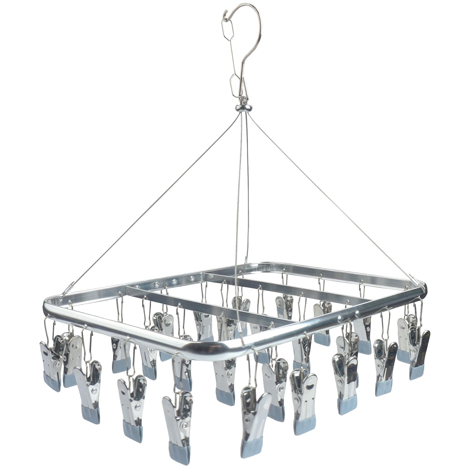 Roellgs Sock Dryer, Aluminum 32 Pegs Sock Hanger for Washing Line, Clothes Drying Rack with Windproof Hook, Hanging Clothes Airer for Socks, Underwear, Baby Clothes & Hats (grey)