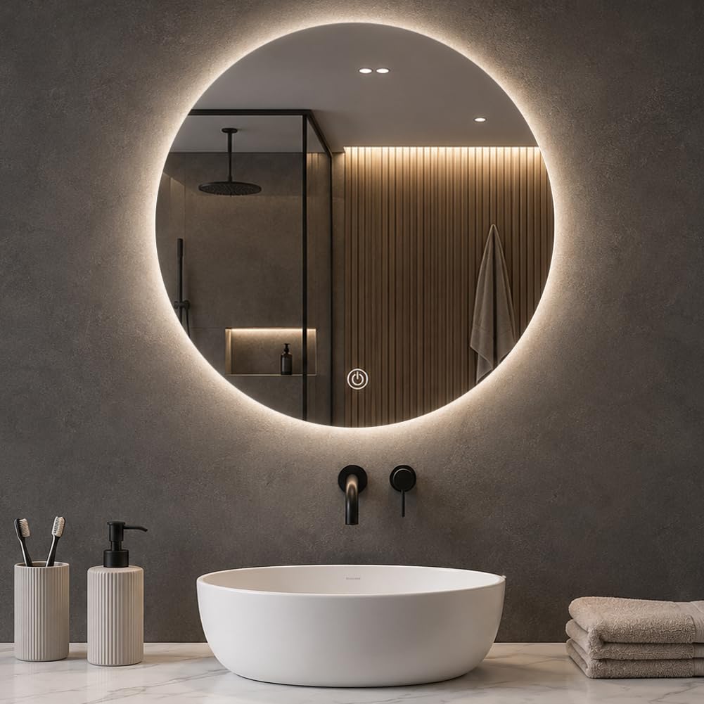 Shally Dogan Specchio Rotondo da Parete con Led Dimmerabile a 3 Colori, Bianco Freddo, Caldo e Naturale, Accensione con Touch, Decorazione da Muro Design Moderno e Salvaspazio, Diametro 60 cm