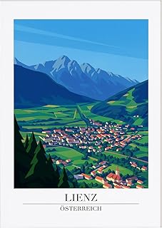 Lienz Austria Poster - Modern Travel Art Print Showcasing Alpine Village and Distant Mountains for Contemporary Wall Decor