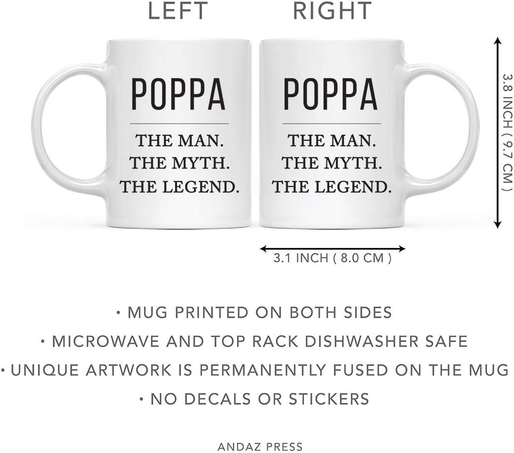 Andaz Press Funny Father's Day Grandpa 11oz. Coffee Mug Gag Gift, Poppa The Man The Myth The Legend, 1-Pack, for Grandfather's Christmas Birthday Present Ideas