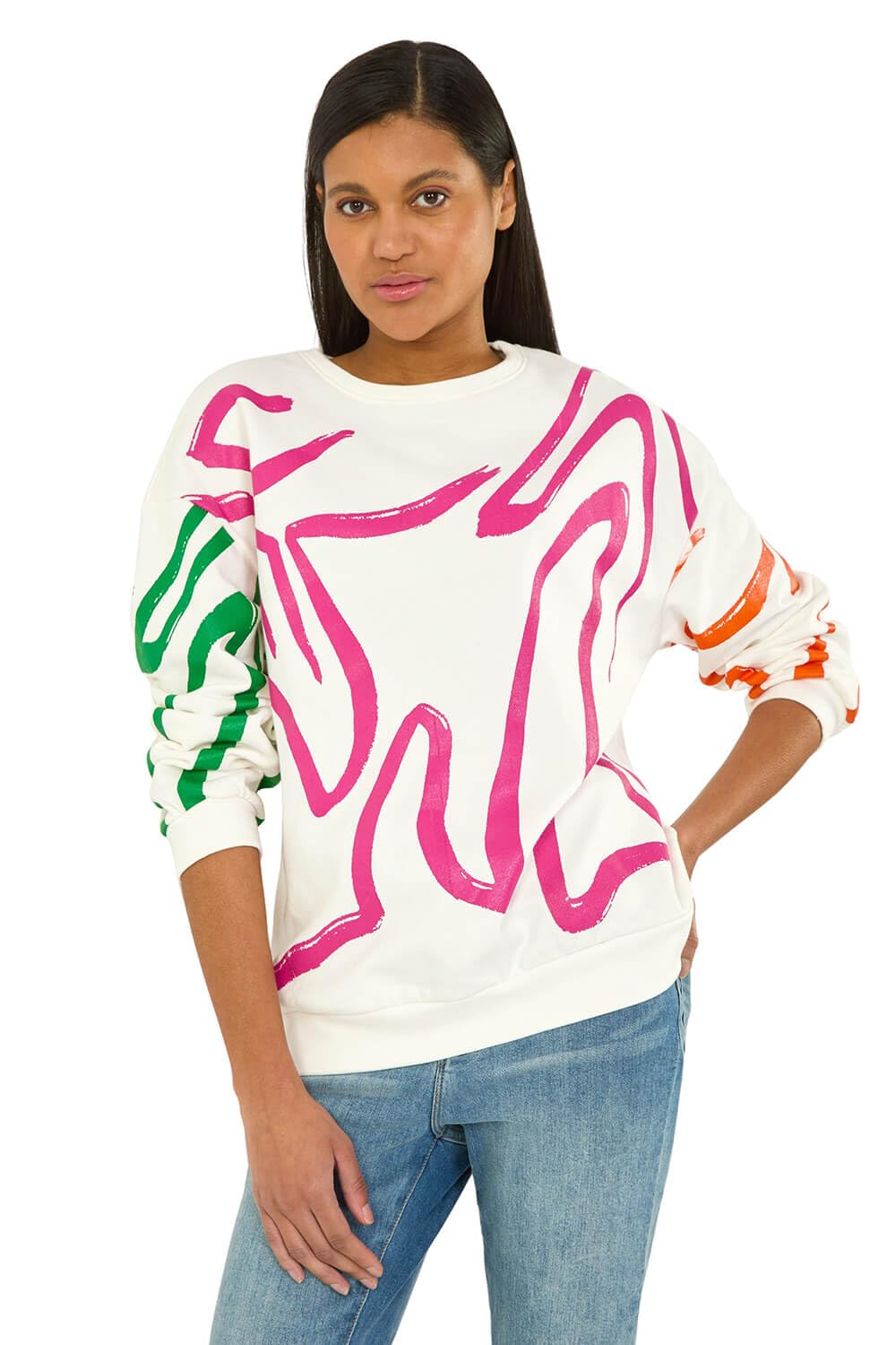 Roman Originals Women's Pink Abstract Print Sweatshirt For Uk - Everyday Holiday Spring Summer Round Neckline Comfy Soft Evening Vacation Work Party - Medium