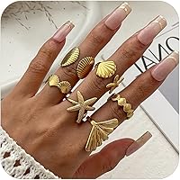 Wonlte Gold Seashell Starfish Rings Set - Boho Stackable Adjustable Non-Tarnish Beach Mermaid Jewelry for Women