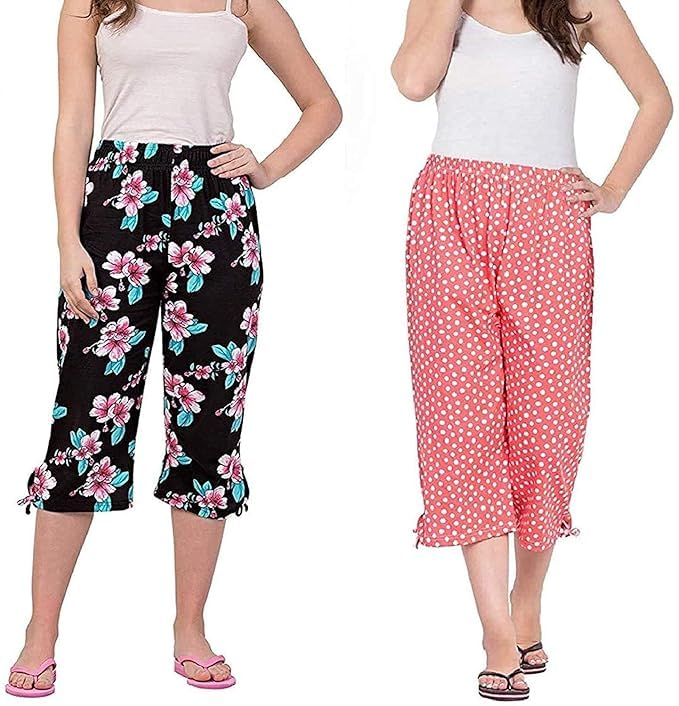 Happy Shopping - (Pack of 2) Women's Cotton Capri Night Pyjamas Nightwear for Girls and Women Printed, Free Size (fits from 28-36 inches Waist), Prints May Vary (Assorted Colours) O-picture-21