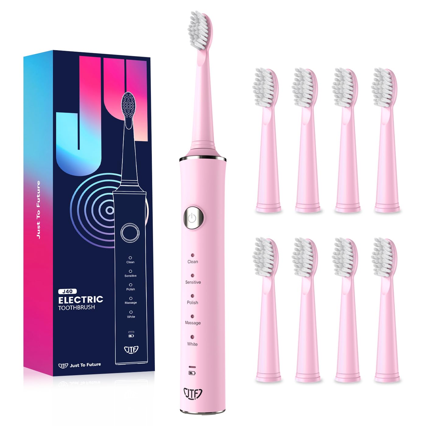 JTF Electricos Cepillo Dientes Sónico con 8 Cabezales, 5 Modos y Memoria Inteligente, Temporizador de 2 Minutos, IPX7 Resistente al Agua, Recargable, Carga Cápida 3H(Rosa)