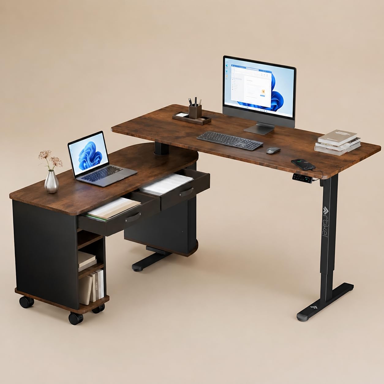 ARTIKEL Opulent L-Shaped Electric Height Adjustable Executive Desk for Office & Home | Ergonomic Sit-Stand Desk with Drawers & Shelves | 100 Kg Load Capacity (140 * 60CM) Brown & Black-image-37
