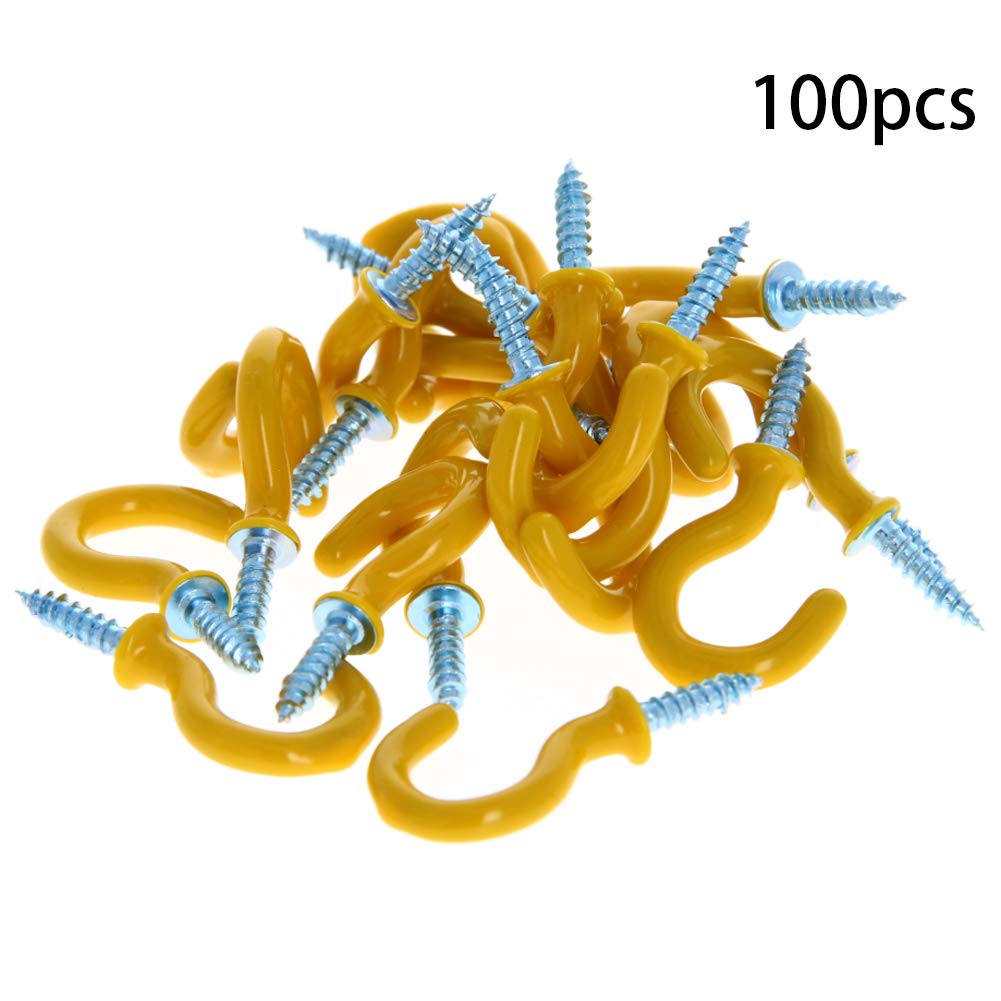 Best Deal 🛒 MroMax 3/4 Inch Plastic Coated Screw-in Open Cup Ceiling Hooks Hangers Yellow 100pcs