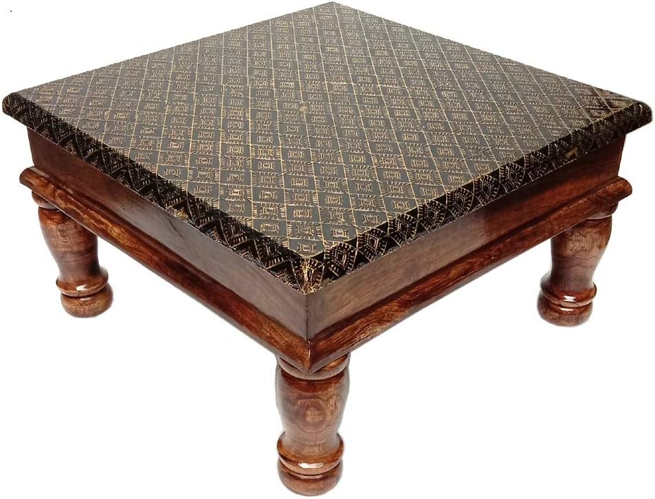wai Antique Brass Wooden Sitting Table Square/Pooja chowki/pata / / chaurang/bajot and Footstool for Home Decoration and Living Room Medium Size (15 x 15 x 8.5 in) Square Brass Art