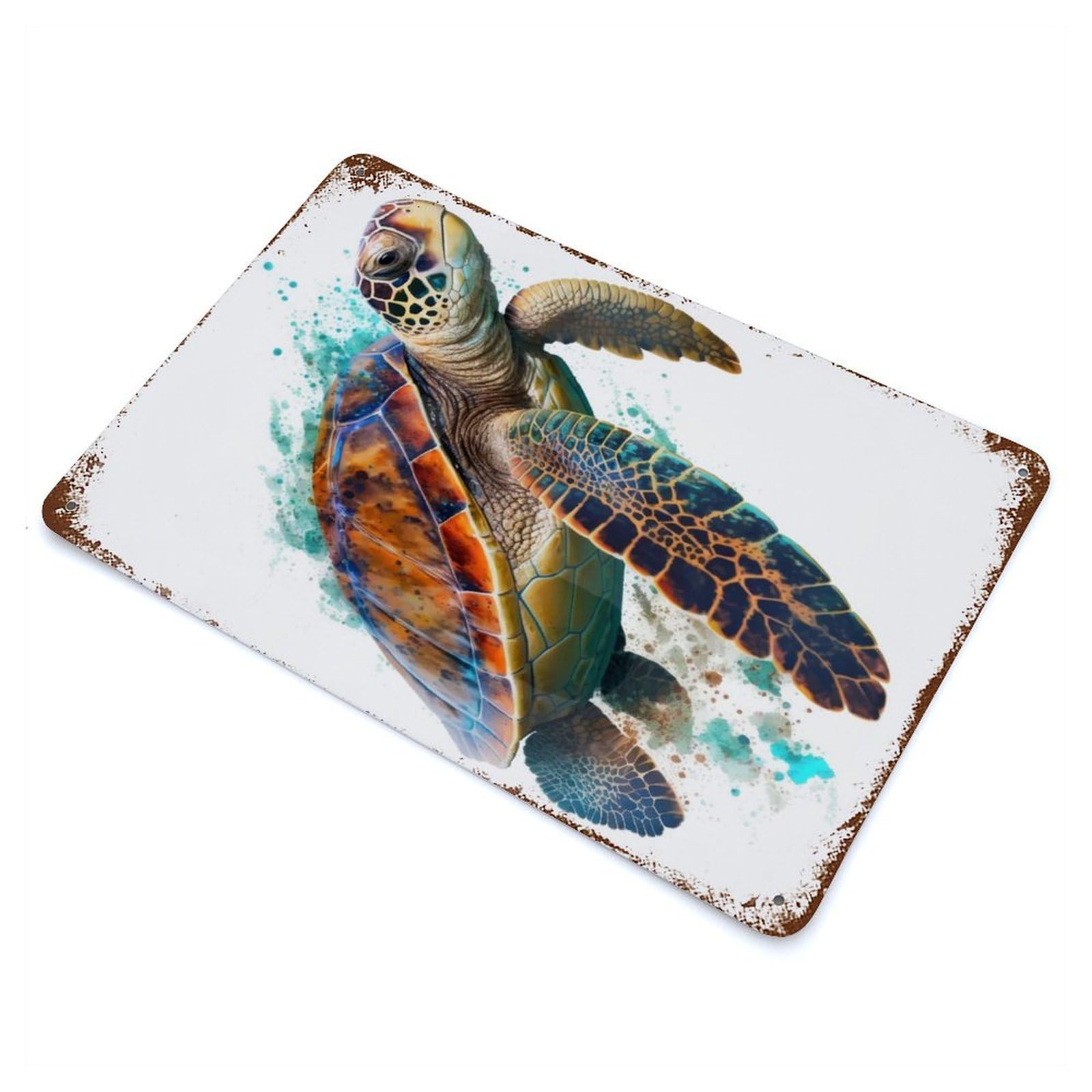 Rust Effect Turtle in Watercolor Distressed Metal Wall Sign 11.8"x7.9", Decorative Metal Wall Art for Living Room, Hallway And Home Decor