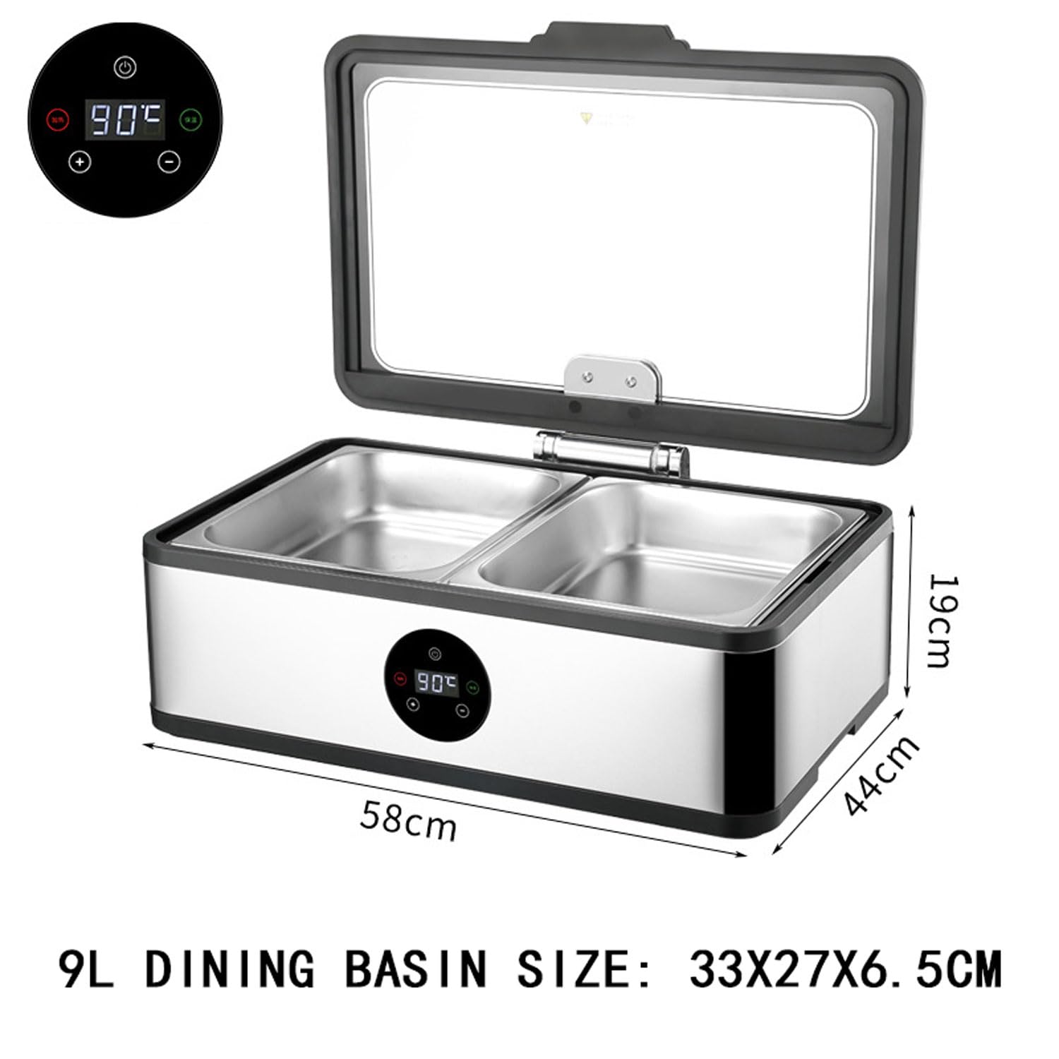 Server per buffet commerciale, fornello elettrico per scaldare gli alimenti in acciaio inossidabile da 600 W con schermo touch intelligente, regolazione della temperatura da 30 a 90 ℃, cerniera idra