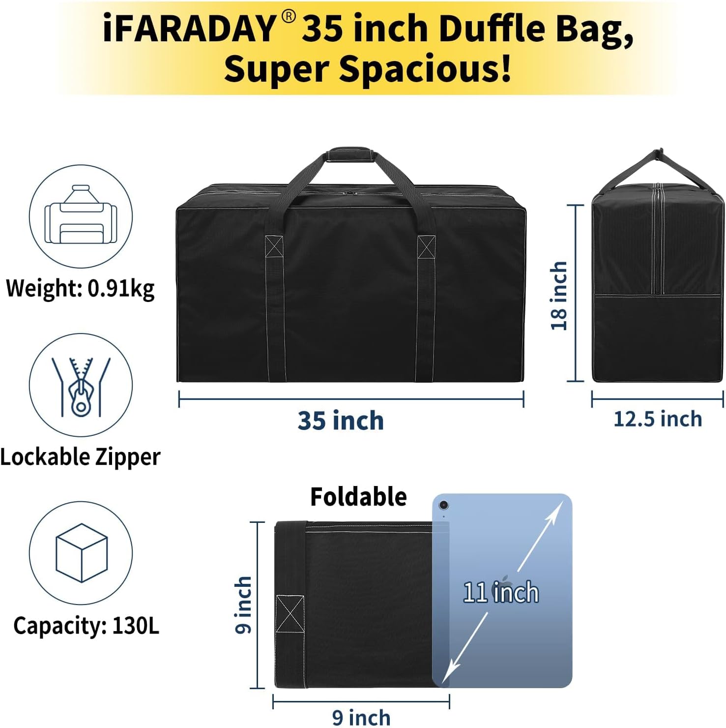 130L Extra Large Travel Duffle Bag - Heavy Duty Water Resistant Luggage for Camping, Sports & Moving - 35 inch Foldable Gear Bag (Black) - Image 4