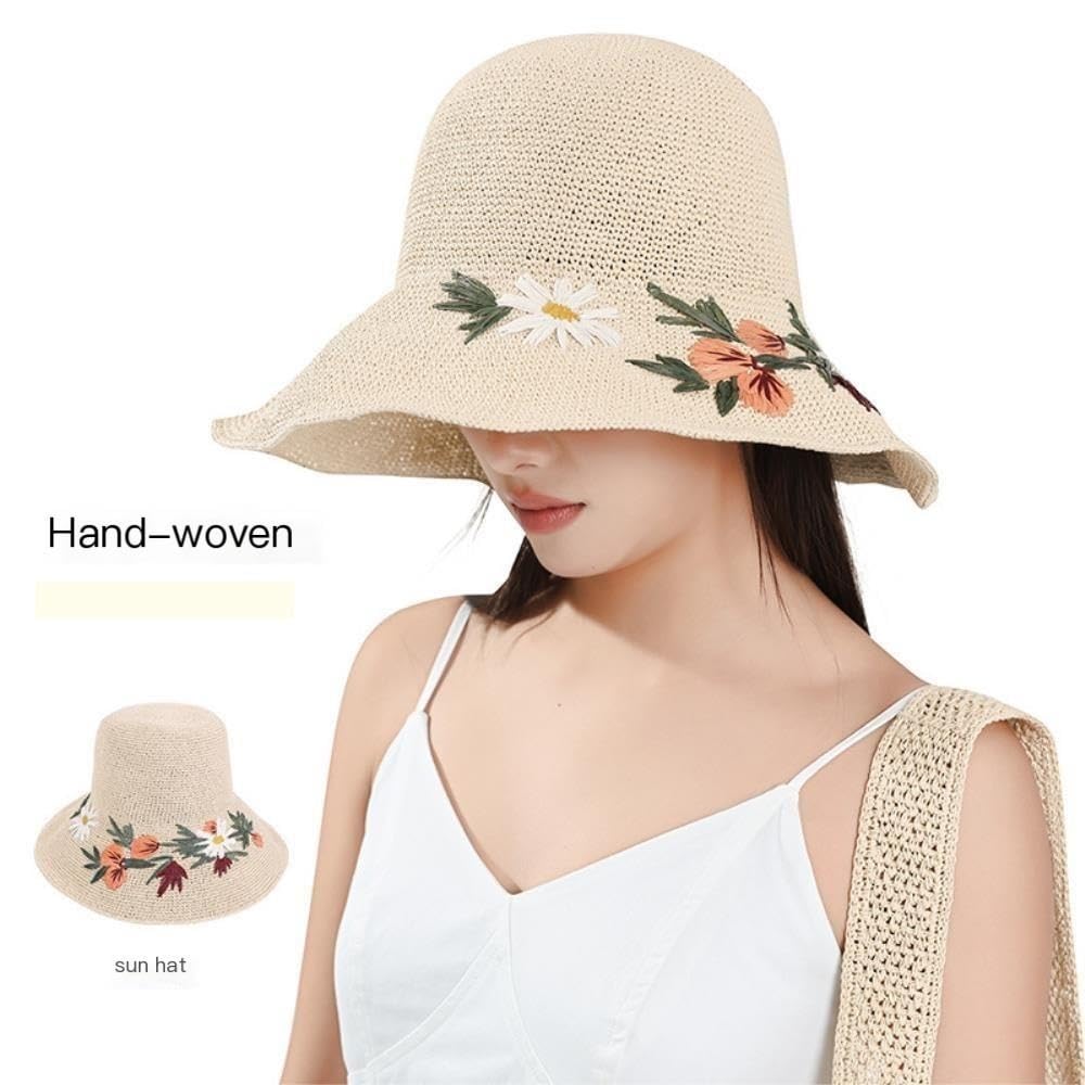 Cappello da Sole in Paglia, Fiore Ricamato, Tesa Larga, Pieghevole,