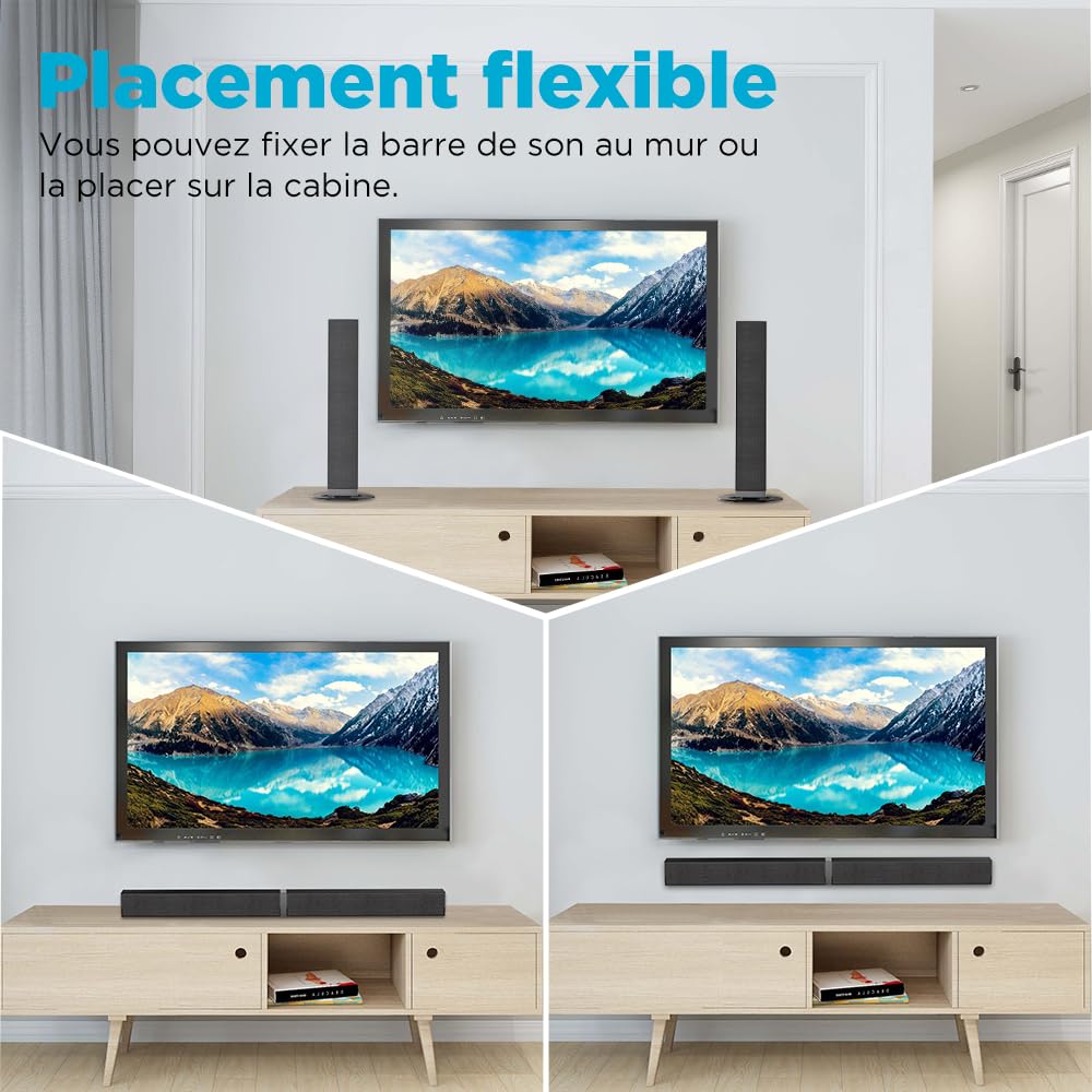 Barre de Son 2.0 canaux pour téléviseurs, Barre de Son 2 en 1 Divisible 32 Pouces pour TV Barre de Son Bluetooth avec 3 Modes EQ et Son Surround 3D, Barres de Son Arc/Optique/AUX, 1pcs