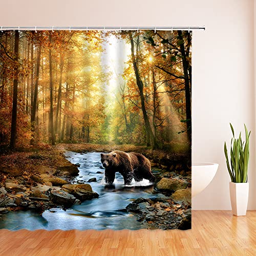 Generic Rustic Bear Shower Curtain Farmhouse Lake Cabin Fall Autumn Forest Natural Scenery Outdoor Animals Hunting Wildlife Camping Vintage Country Lodge Decor Fabric Bathroom Curtain With Hook thumb #1