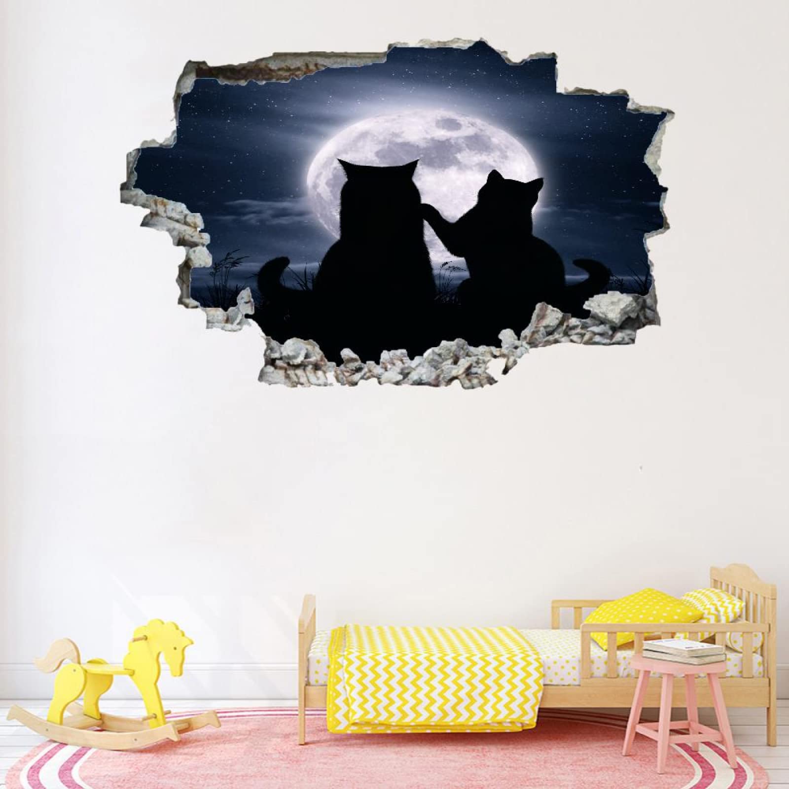 Gatto Adesivo Da Parete 3D Rimovibile Luna Decorazione Da Parete, Pavimento, Soffitto, Decalcomania Fracassata, Decorazione Artistica Sagoma Per Soggiorno, Murale 75x113cm