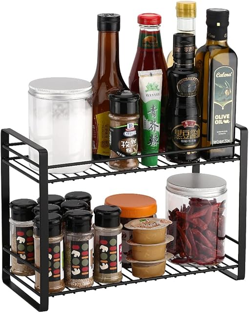 Hikinlichi Spice Rack Organiser Kitchen Cabinet Countertop Storage Shelf 2 Tiers Metal Mesh Freestanding Rack Holder Spice Jars Bottles Toiletries Makeups Bathroom Pantry Office Black