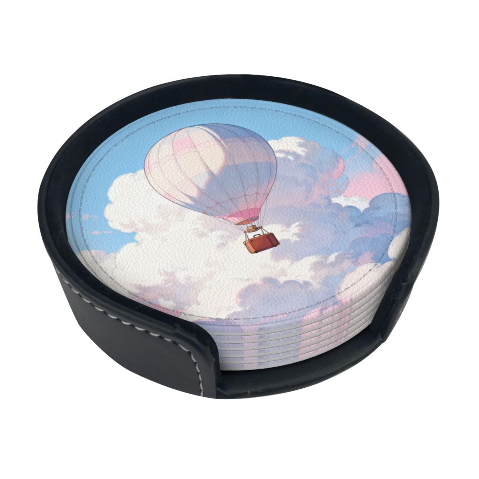 Cntdbu White Cloud Hot Air Leather Coasters Set Of 6-Pu Leather Drink Mats For Table, Heat Resistant Round Coasters With Holder