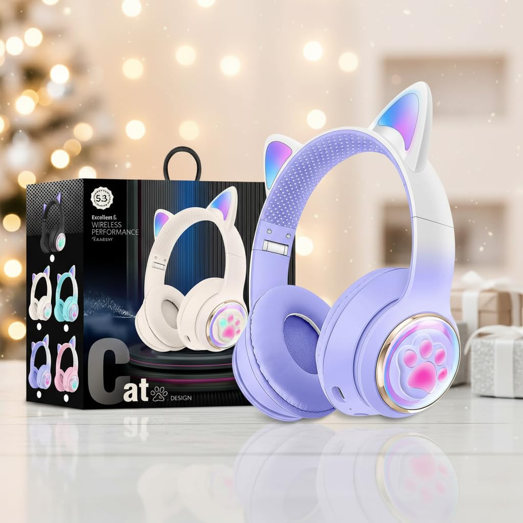 KERHAND Bluetooth Noise Cancelling Headphones for Kids,Foldable Cat Headphone with LED Light Up Ear,Cat Ear Headphones for Toddler with Microphone/TF