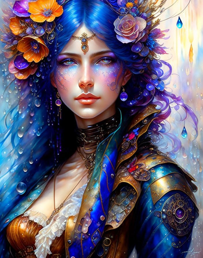 Poster toile fille steampunk au long patchwork et cuir décoration murale 58x90