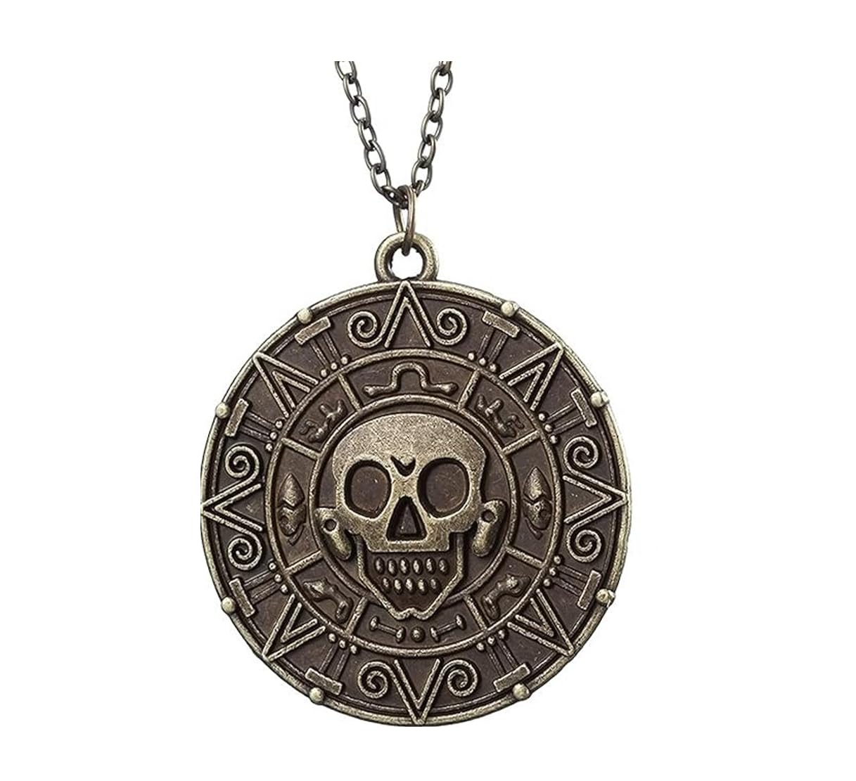 Collana Con Ciondolo 4cm Pendente Medaglione Teschio Pirata Corsari Fantasy Cosplay Antica Moneta Azteca Halloween Colore Bronzo ET218