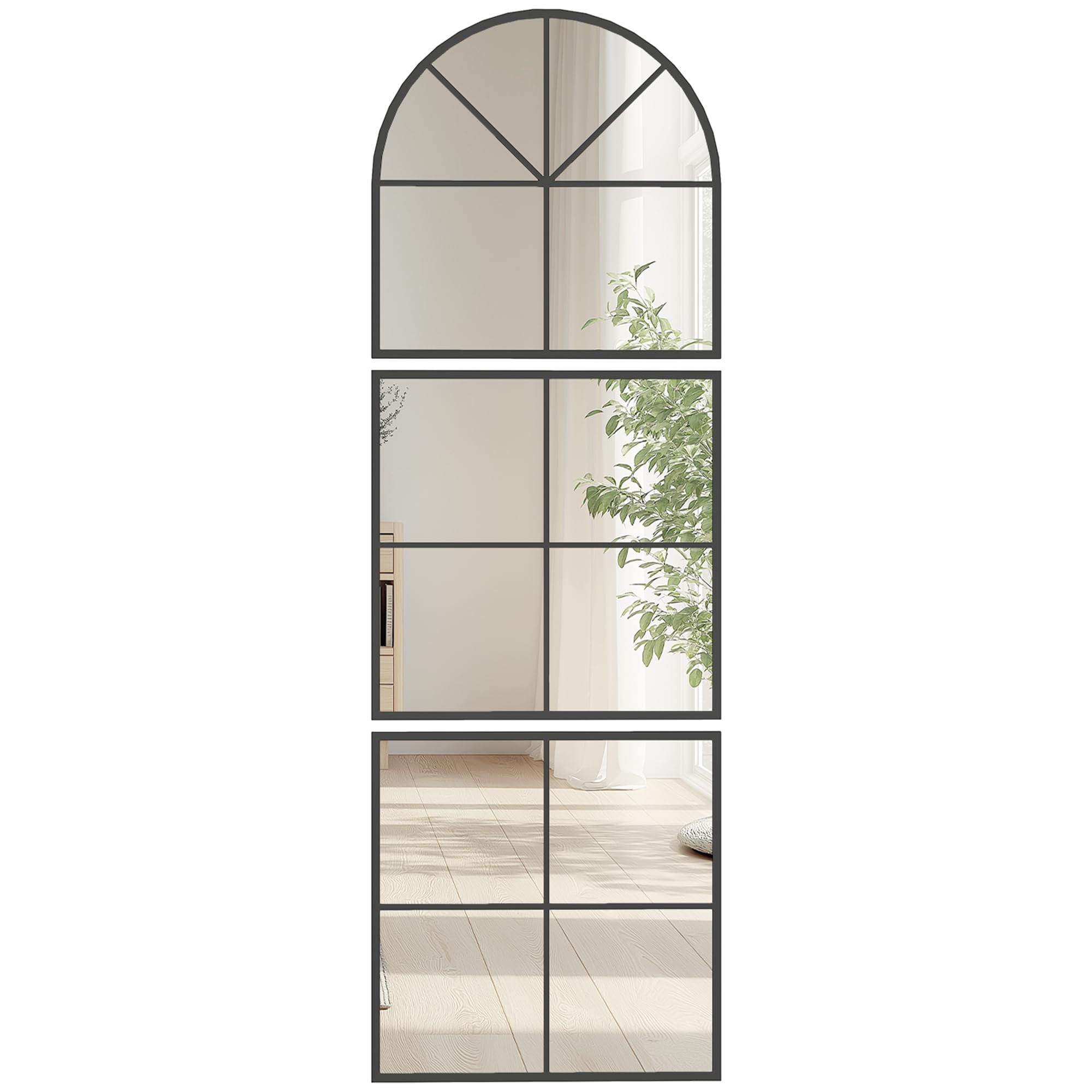 HOMCOM Miroir Mural arqué 60 x 180 cm, Grand Miroir verrière Arche Forme fenêtre avec Cadre en métal, pour Salon, Chambre, Couloir, Noir