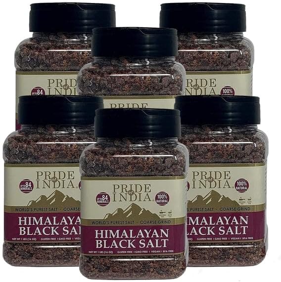 PACK of 6 - Himalayan Black Salt - Coarse Grind, 1 Pound (16oz) Jar-Kala Namak - Contains 84+ Minerals -Use in grinders, restaurants & cooking - Perfect for Faux Egg Recipes Scramble